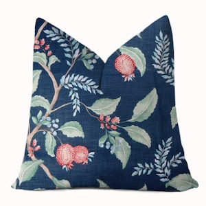 Tylan Blue Fruit Floral Pillow Cover - Designer Throw Toss Cushions - Navy, Red, Green - 18x18, 20x20, 22x22, 24x24, 26x26, Euro, Custom
