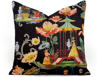 Chinoiserie Throw Pillow Cover - Asian Pillow - Black, Red, Yellow, Blue, Green -  18x18, 20x20, 22x22, 24x24, 26x26