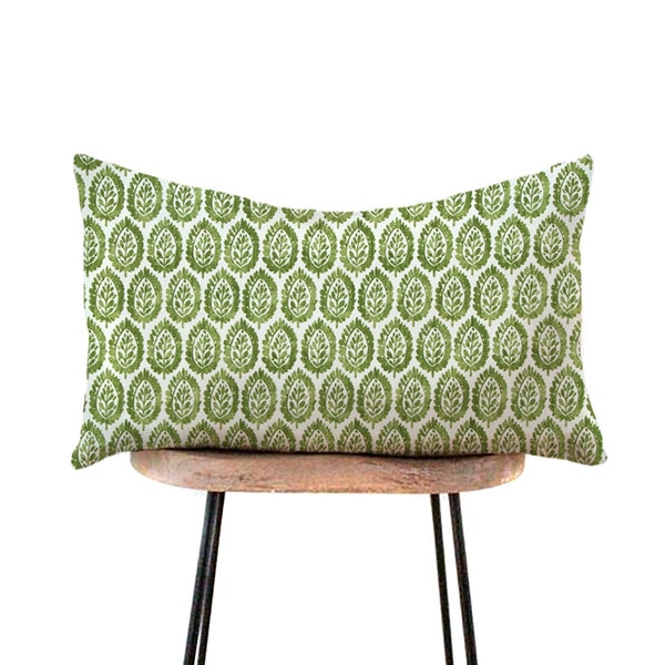 Green Block Print Lumbar Pillow Cover - Green White Designer Pillows - 12x16, 12x18, 12x20, 14x20, 14x22, 14x24, 14x28, 14x36, 15x30, 20x30