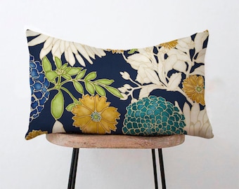 Large Floral Lumbar Pillow Cover - Blue, Teal, Ivory, Green, Metallic Gold - 12x16, 12x18, 12x20, 14x20, 14x22, 14x28, 14x36, 15x30, 20x30