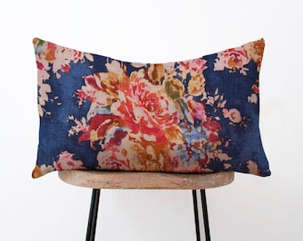 Blue and Pink Floral Lumbar Pillow Cover - Navy, Blue, Pink, Green, Yellow - 12x16, 12x18, 12x20, 14x20, 14x22, 14x28, 14x36, 15x30, 20x30