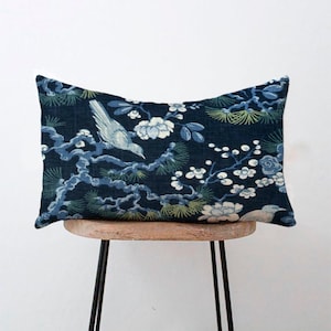 Navy Blue Floral Chinoiserie Pillow Cover - Flowers and Birds in Blue, Green, White - 12x16, 12x18, 12x20, 14x20, 14x22, 14x28, 14x36, 15x30