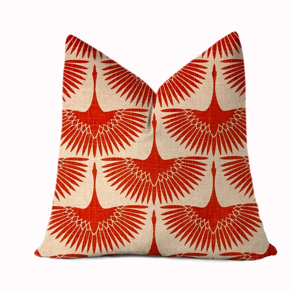 Cranes Pillow Cover - Burnt Orange and Beige Linen - Tiger Lily Geese Flock Throw Pillow Cover - 18x18, 20x20, 22x22, 24x24, 26x26