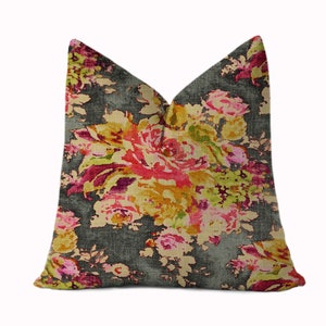 Floral Print Throw Pillow Cover - Charcoal, Gray, Pink, Yellow, Chartreuse, Green - 18x18, 20x20, 22x22, 24x24, 26x26