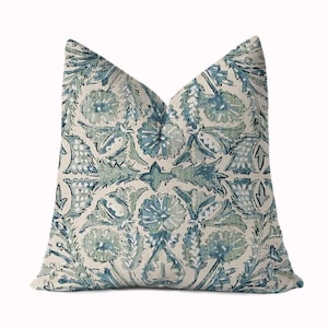 Green and Blue Pillow Cover - Sofia Verde Throw Pillow Cover - Blue, Green, White - 18x18, 20x20, 22x22, 24x24, 26x26