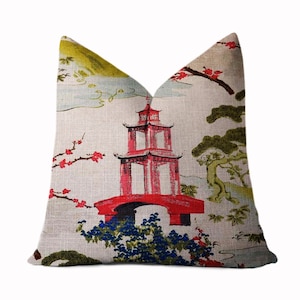 Chinoiserie Pagoda Throw Pillow Cover - Asian Pillow - Red Pagoda Pillow - Chinese Temple Pillow - 16x16, 18x18, 20x20, 22x22, 24x24, 26x26