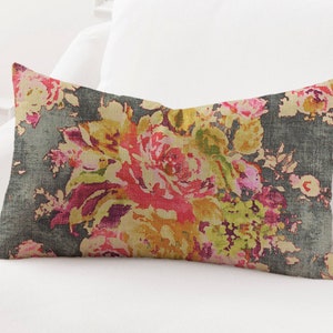 Charcoal Grey, Rose, Pink, and Chartreuse Green Floral Print Lumbar Pillow Cover  - 12x16, 12x20, 14x20, 14x22, 14x36, 15x30