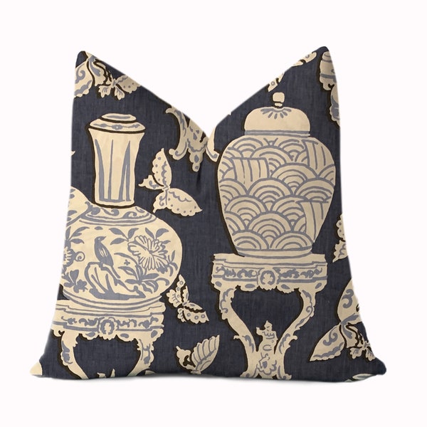 Navy Blue Vases Pillow Cover - Blue, Black, White - Chinoiserie Vases and Butterflies - 18x18, 20x20, 22x22, 24x24, 26x26