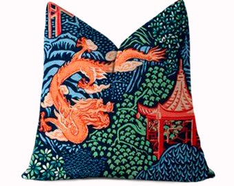 Chinoiserie Pagoda and Dragon Pillow Cover - Navy Blue, Red, Orange, Green - Asian Toile - 18x18, 20x20, 22x22, 24x24, 26x26