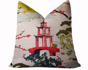 Chinoiserie Pagoda Throw Pillow Cover - Asian Pillow - Red Pagoda Pillow - Chinese Temple Pillow - 16x16, 18x18, 20x20, 22x22, 24x24, 26x26