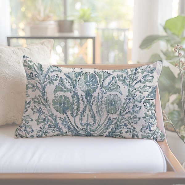 Floral Block Print Lumbar Pillow Cover | Blue and Green | Designer Pillows | 12x16, 12x18, 12x20, 14x20, 14x22, 14x28, 14x36, 15x30, 20x30