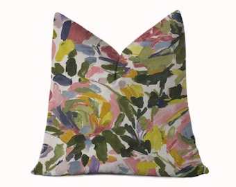 Abstract Floral Pillow Cover - Green, Pink, Yellow, Lavender - Designer Pillows - 18x18, 20x20, 22x22, 24x24, 26x26 - Square, Lumbar, Custom