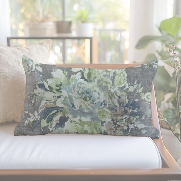 Blue Floral Throw Pillow Cover - Gray, Blue, Green, Cream - Designer Pillows  - 12x16, 12x18, 12x20, 14x20, 14x22, 14x28, 14x36, 15x30