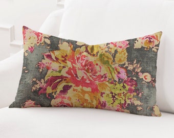 Charcoal Grey, Rose, Pink, and Chartreuse Green Floral Print Lumbar Pillow Cover  - 12x16, 12x20, 14x20, 14x22, 14x36, 15x30