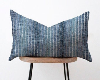 Blue Striped Ombre Lumbar Pillow Cover - Denim Blue and Off White Textured Pillow - 12x16, 12x18, 12x20, 14x20, 14x22, 14x28, 14x36, 15x30