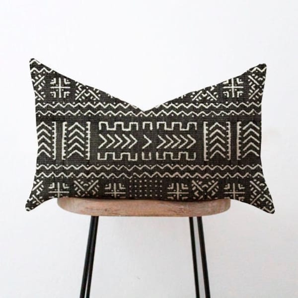 Tribal Mudcloth Lumbar Pillow Cover - Charcoal Dark Gray / Black and Cream - 12x16, 12x20, 14x20, 14x22, 14x36, 15x30 - Custom Sizes