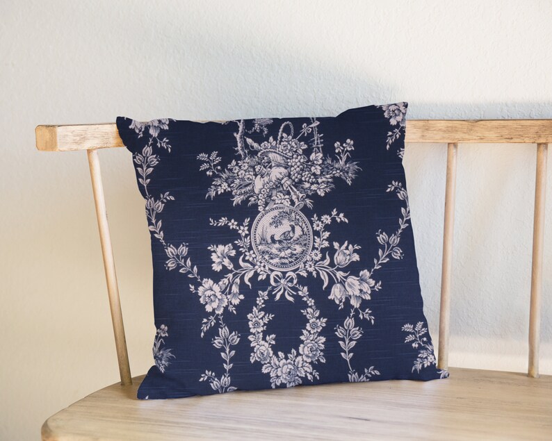 Blue and White Toile Pillow Cover Navy Blue Floral and Bird Etsy