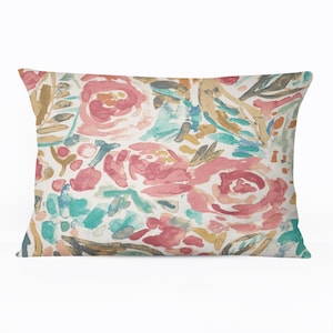 Floral Lumbar Pillow Cover, Pink, Turquoise Coral, Tan, Designer Cushions, Decorative Accent Throw Pillows, Shams, Cases, Custom