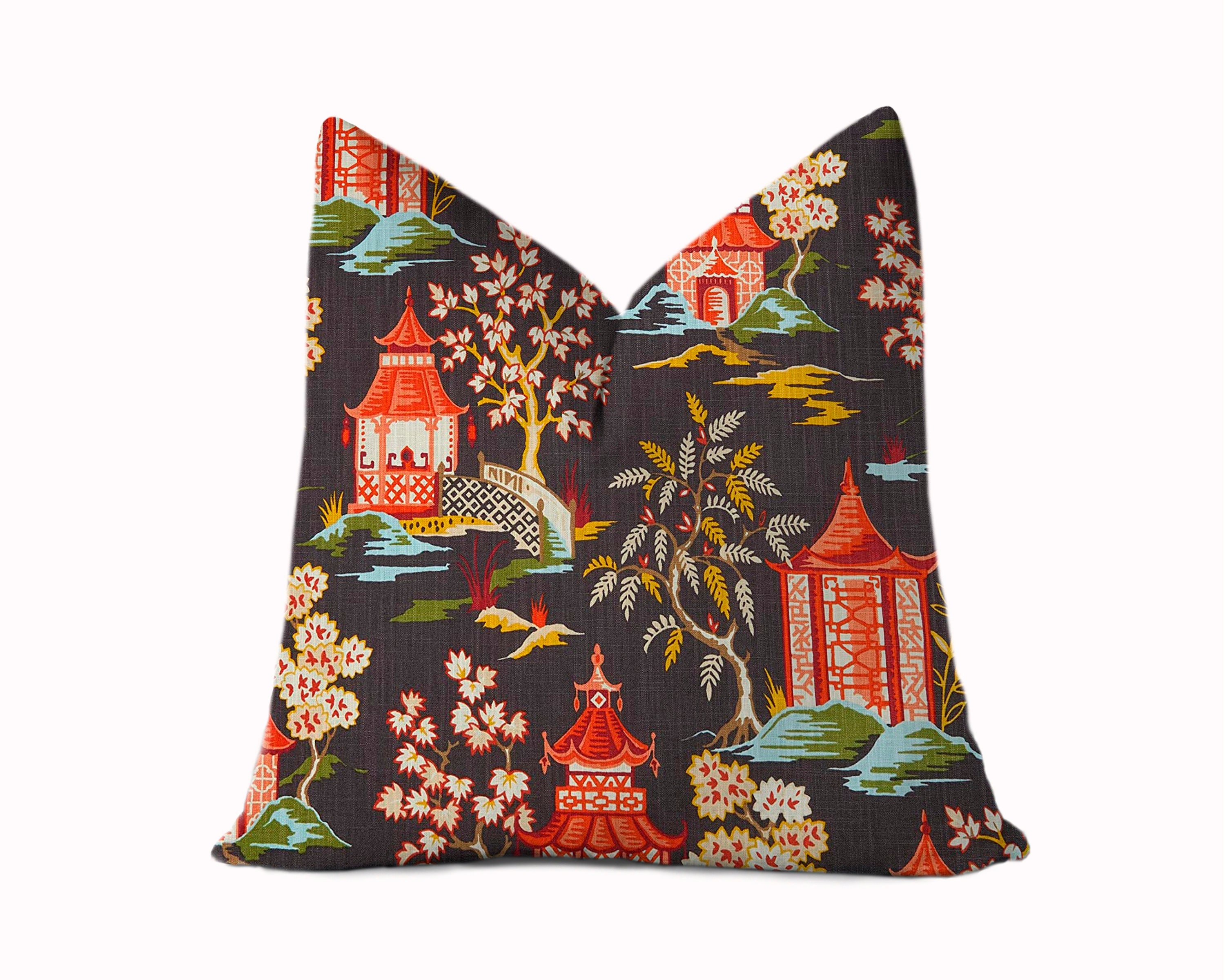 Chinese Temple Lumbar Pillow Cover Chinoiserie Pagoda Asian Lumbar Pillow  12x16, 12x20, 14x20, 14x22, 14x36, 15x30 