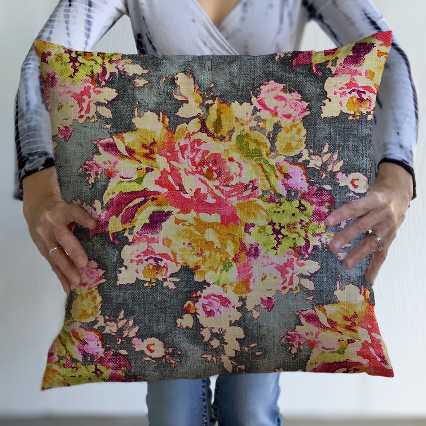 Floral Print Throw Pillow Cover Charcoal Gray Pink Etsy
