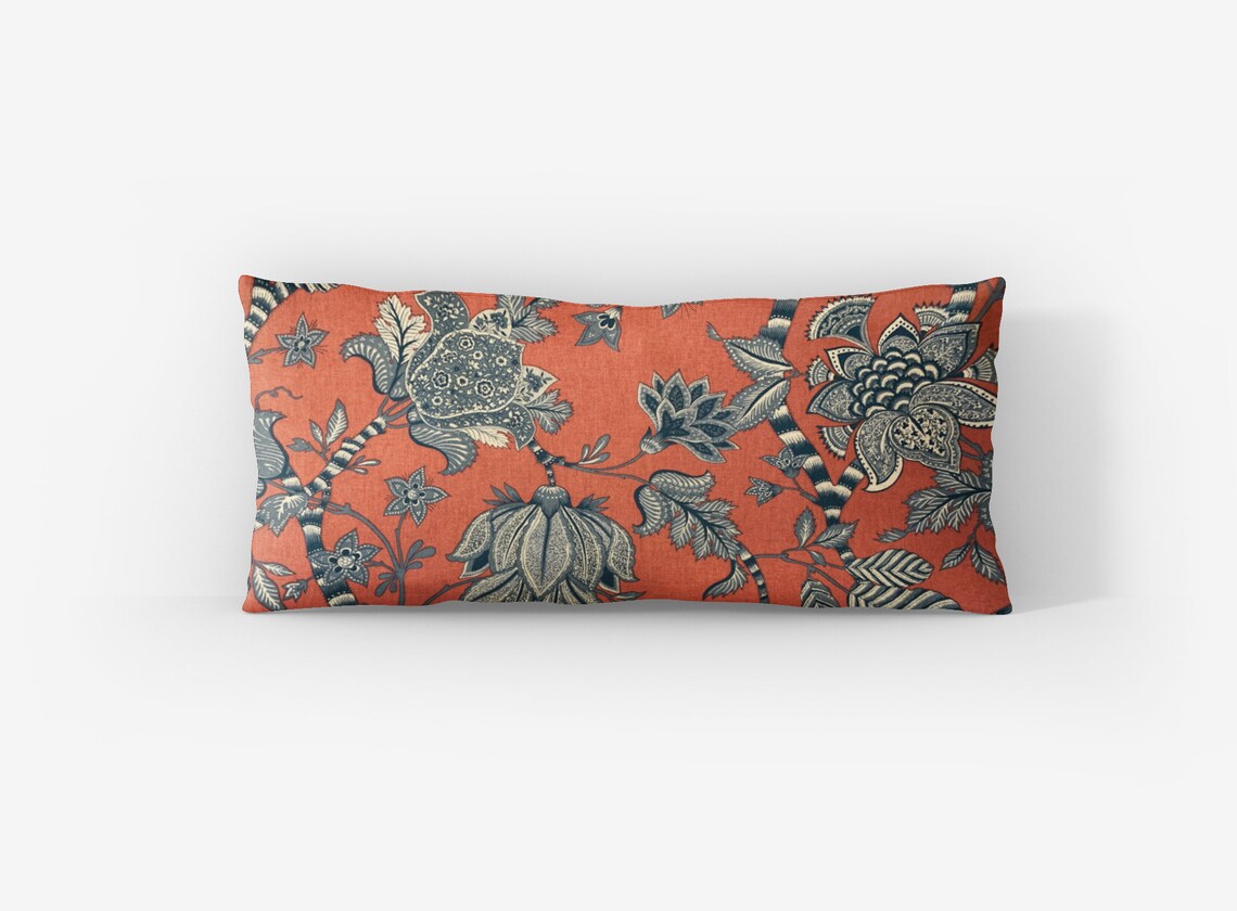 Blue and Red Floral Lumbar Pillow Cover Jacobean Modern Etsy