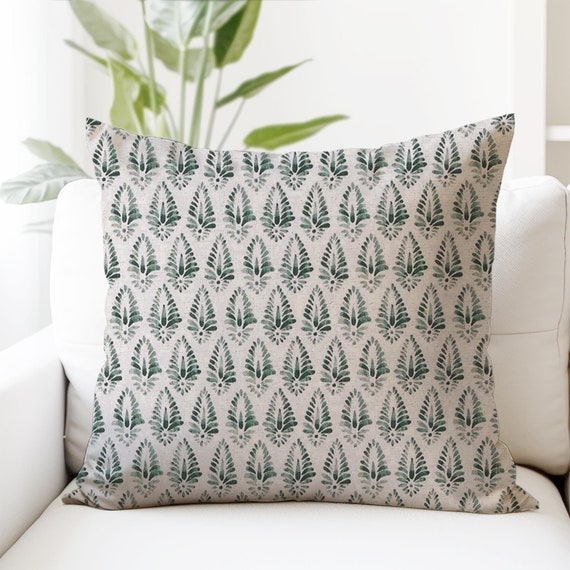 Green Block Print Pillow Cover - Green and Natural - Agave Verde- 18x18, 20x20, 22x22, 24x24, 26x26
