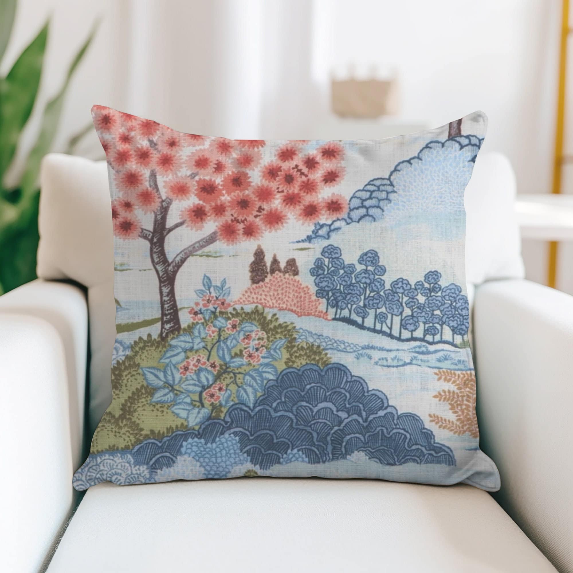 Coral Asian Landscape Pillow Cover | Chinoiserie Pillow | Coral