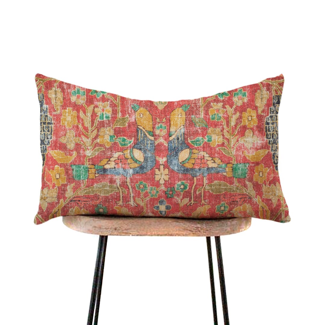 Locanda Lumbar Pillow Cover Distressed Turkish Print With Birds Jewel