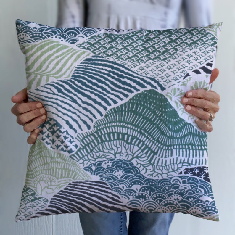Blue Birds 24x24 Green Blue Chinoiserie Pillow Cover 20x20 Teal 26x26 Abstract Mountains Windsor Pillow 22x22 18x18