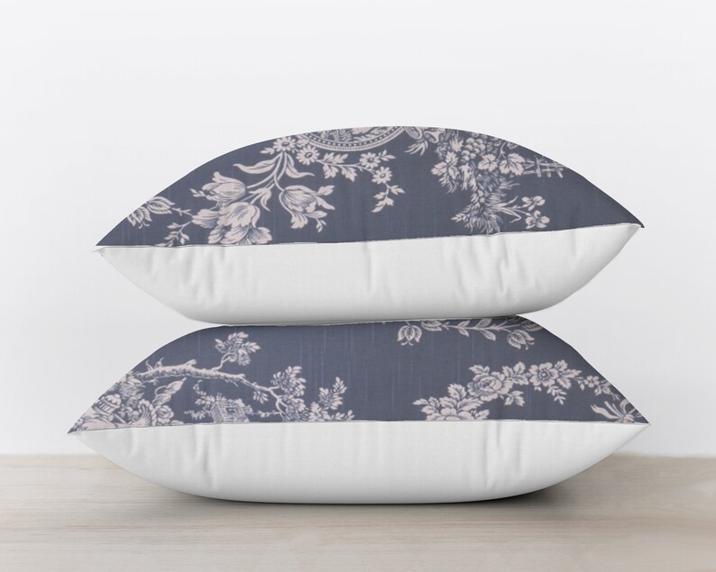 Blue and White Toile Pillow Cover Navy Blue Floral and Bird Etsy