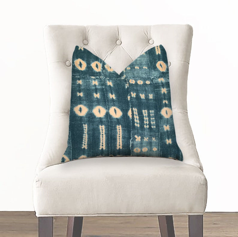 Blue Tribal Pillow Cover Distressed Teal Blue Beige Tan Etsy
