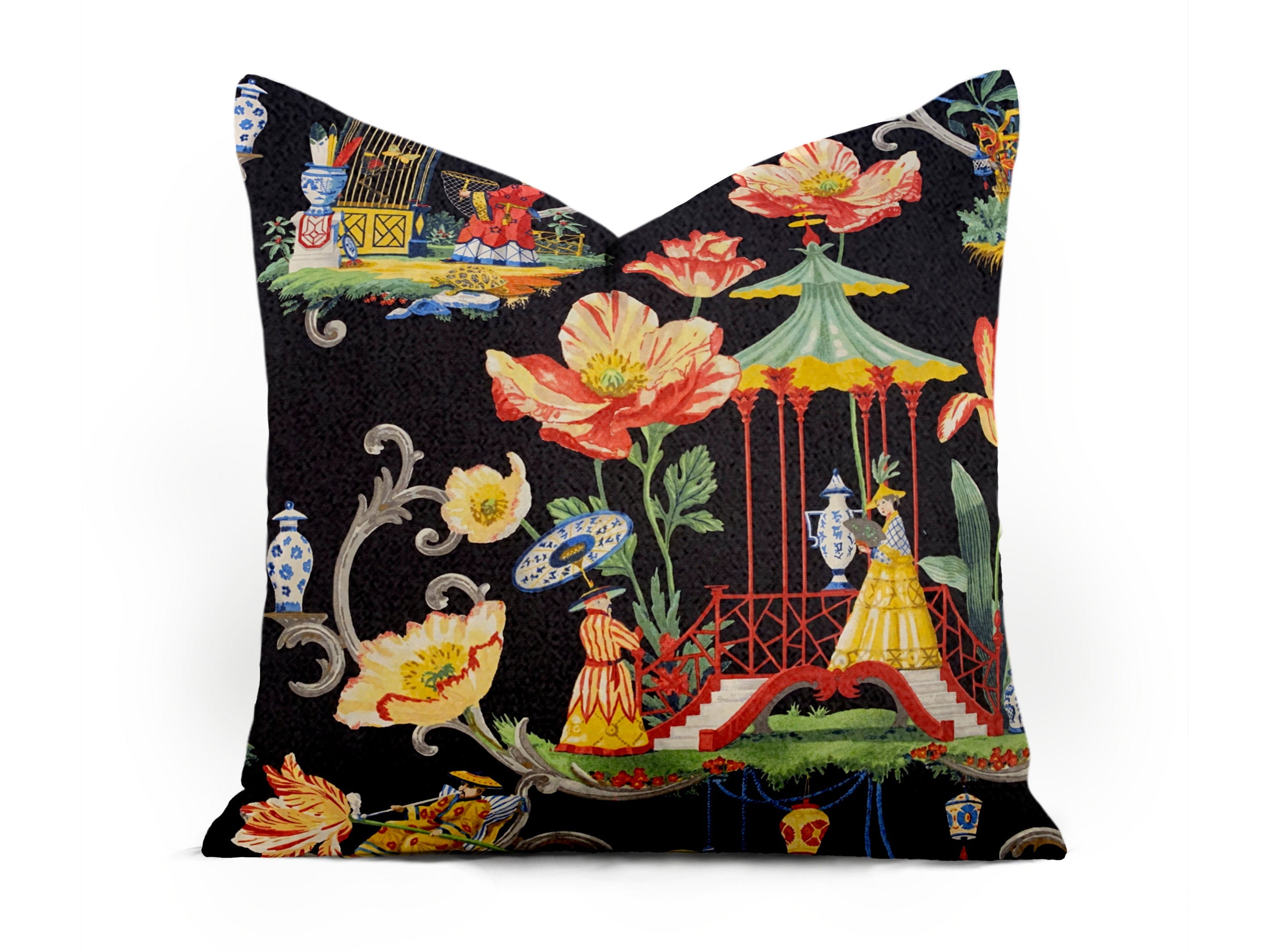 Chinoiserie Throw Pillow Cover - Asian Pillow - Black, Red, Yellow, Blue, Green -  18x18, 20x20, 22x22, 24x24, 26x26