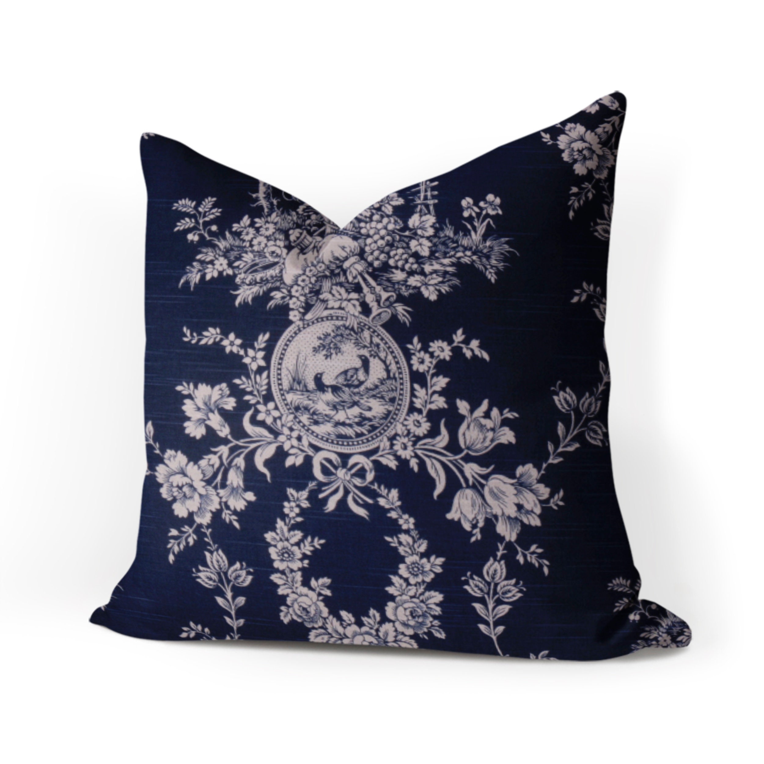 Blue and White Toile Pillow Cover Navy Blue Floral and Bird Etsy