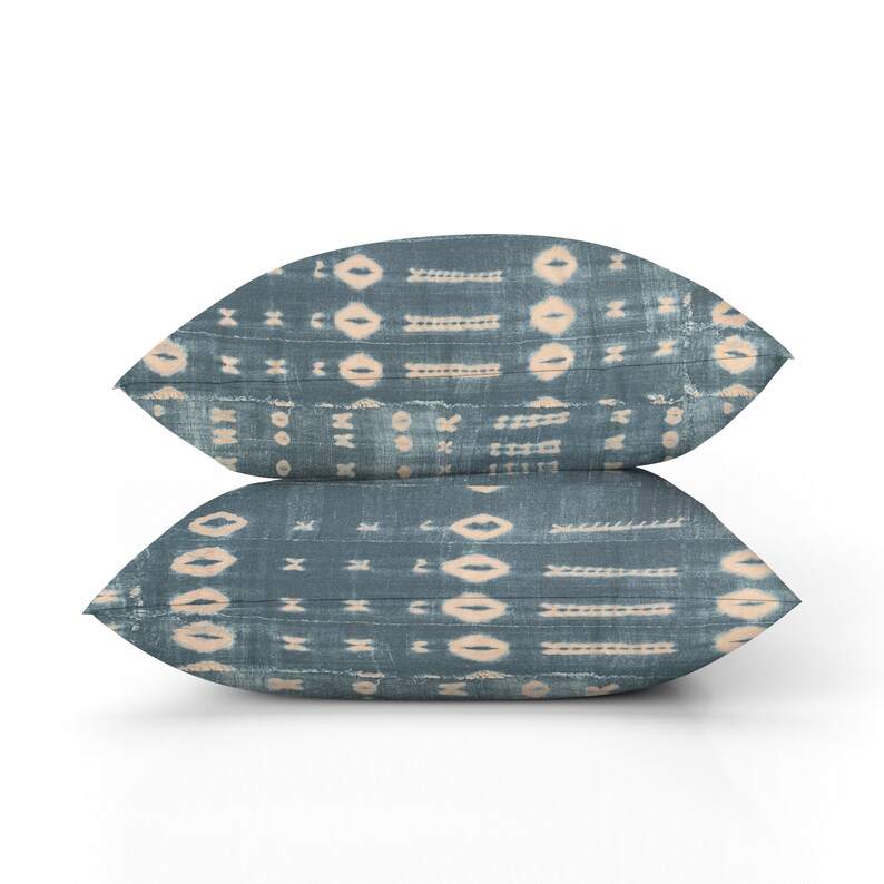 Blue Tribal Pillow Cover Distressed Teal Blue Beige Tan Etsy