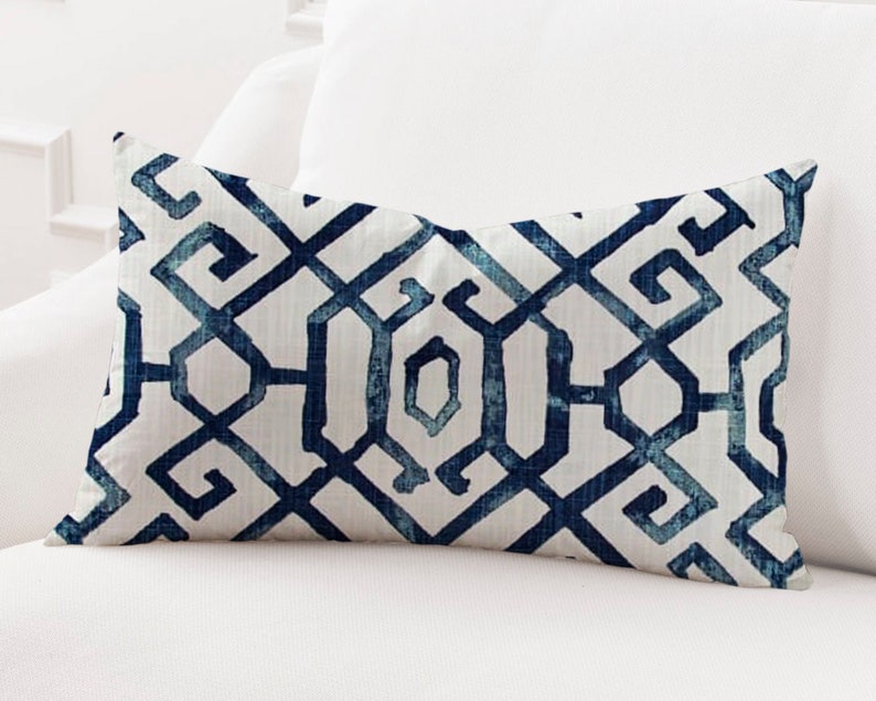 Blue and White Lattice Lumbar Pillow Cover Geometric Etsy