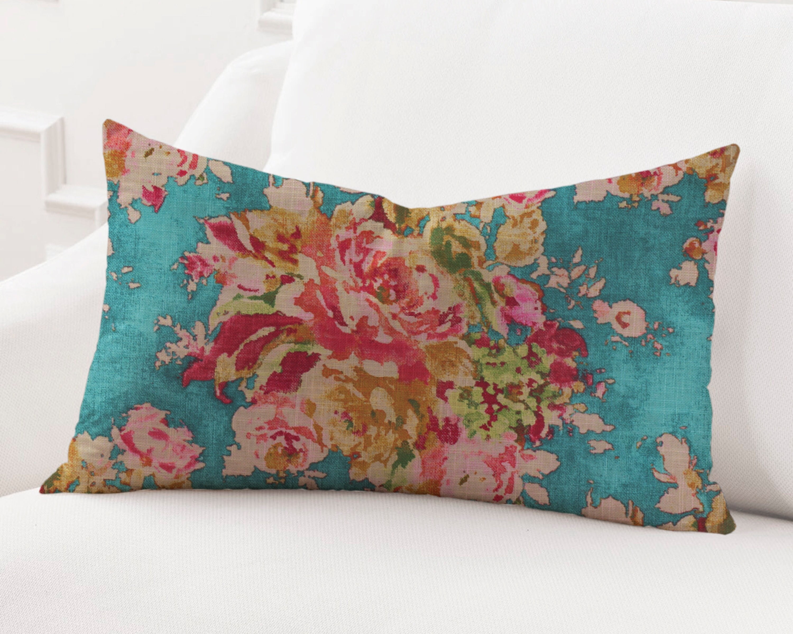 Turquoise and Pink Floral Lumbar Pillow Cover Blue, Pink, Green