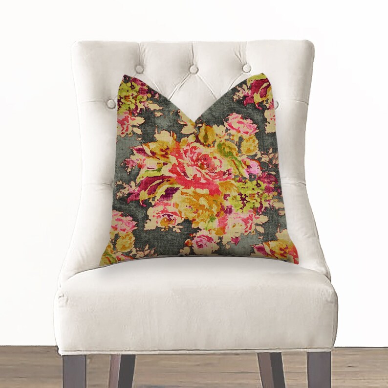 Floral Print Throw Pillow Cover Charcoal Gray Pink Etsy