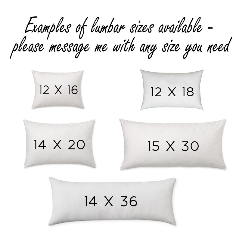 May include: Five different sizes of lumbar support pillows are shown. The pillows are white and have black text indicating the dimensions of each pillow. The dimensions are 12 x 16 inches, 12 x 18 inches, 14 x 20 inches, 15 x 30 inches, and 14 x 36 inches.