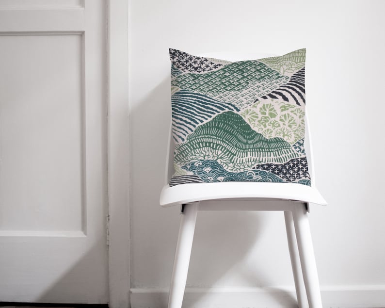 Blue Birds 24x24 Green Blue Chinoiserie Pillow Cover 20x20 Teal 26x26 Abstract Mountains Windsor Pillow 22x22 18x18