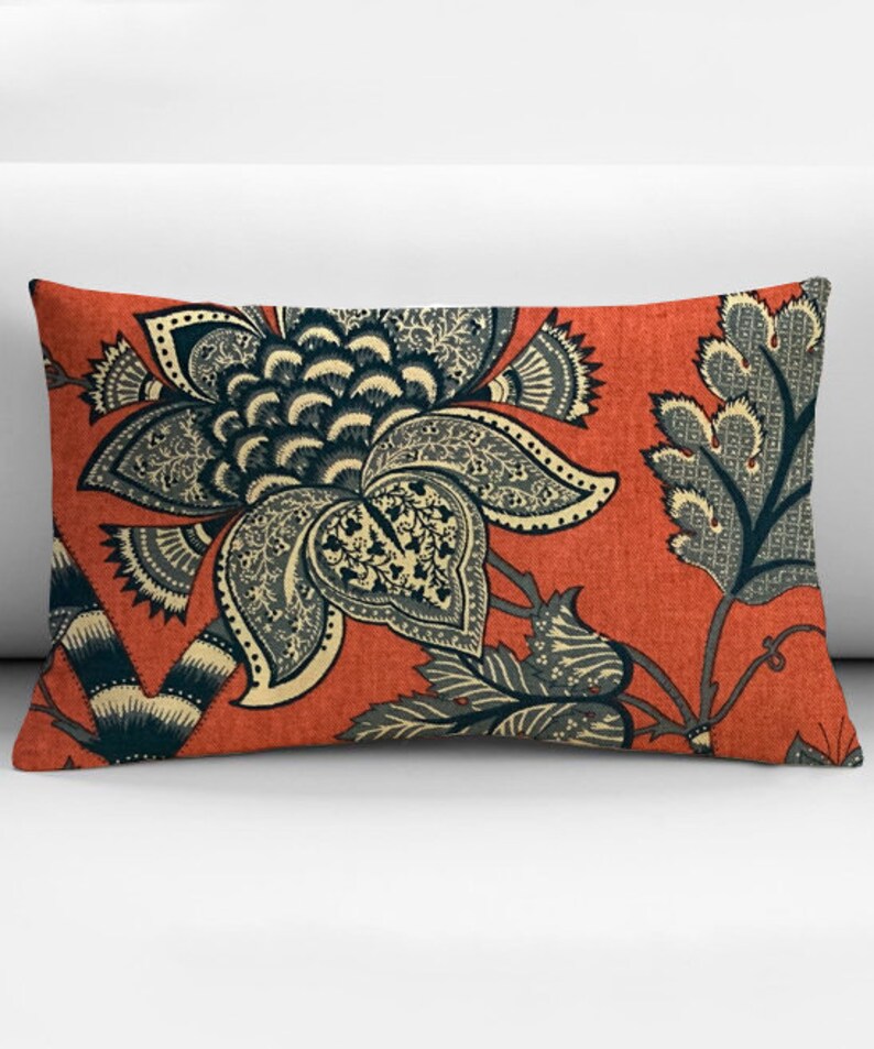 Blue and Red Floral Lumbar Pillow Cover Jacobean Modern Etsy