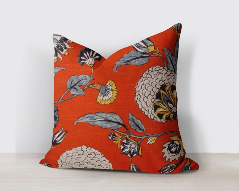Blue and Orange Floral Pillow Cover Jacobian Floral Pillow Etsy