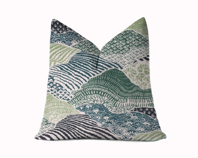 Blue Birds 24x24 Green Blue Chinoiserie Pillow Cover 20x20 Teal 26x26 Abstract Mountains Windsor Pillow 22x22 18x18