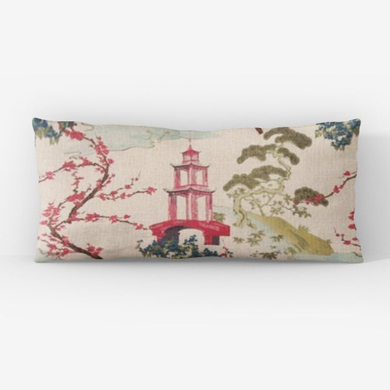 Chinese Temple Lumbar Pillow Cover Chinoiserie Pagoda Asian Lumbar Pillow  12x16, 12x20, 14x20, 14x22, 14x36, 15x30 