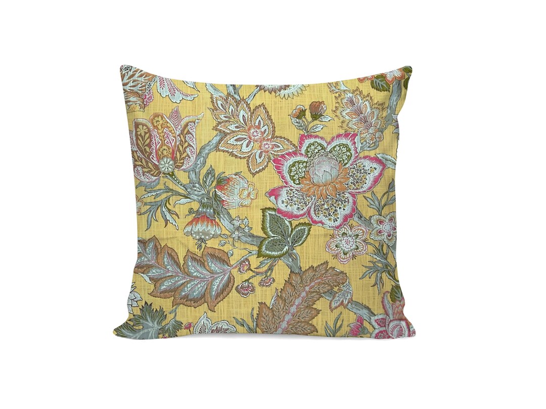 Yellow Floral Pillow Cover Large Floral Pink Green Gold Etsy