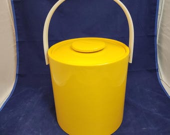 MCM Yellow Ice Bucket White Handle 8” Tall Plastic Retro Barware