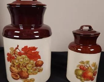 Juego de recipientes de cerámica vintage McCoy con diseño de frutas de cosecha marrón para almacenamiento de cocina