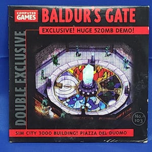 May include: A square black box featuring the game "Baldur's Gate." The box has a red banner with white text that reads "EXCLUSIVE! HUGE 520MB DEMO!" The box also has the text "DOUBLE EXCLUSIVE" and "SIM CITY 3000 BUILDING! PIAZZA DEL DUOMO."