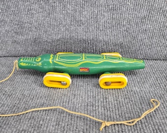 Juguete de madera para arrastrar de cocodrilo y caimán BRIO, fabricado en Suecia, estilo vintage.