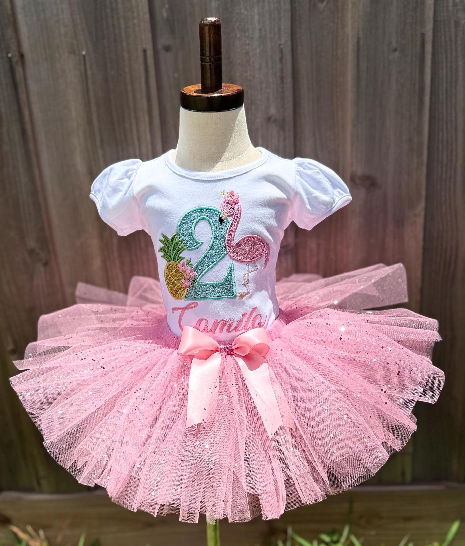 flamingo birthday dress Tutu Outfit: Embroidered Shirt, Glitter Applique Pink flamingo