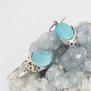 Slopes sea map. Silver oval earrings. Blue turquoise stone. Silver design.  Blue-marine earrings. Design for modern women.